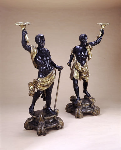PAIR VENETIAN BAROQUE PAINTED AND PARCEL GILT CARVED WOOD BLACKAMOORS