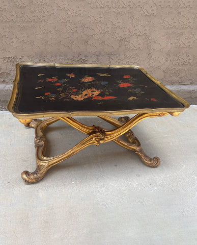 LOUIS XV BLACK LACQUER AND GILT BRONZE TRAY ON GILTWOOD PLOYANT STAND