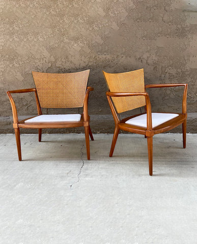 PR. BERT ENGLAND MAHOGANY, BRONZE AND CANE ARMCHAIRS