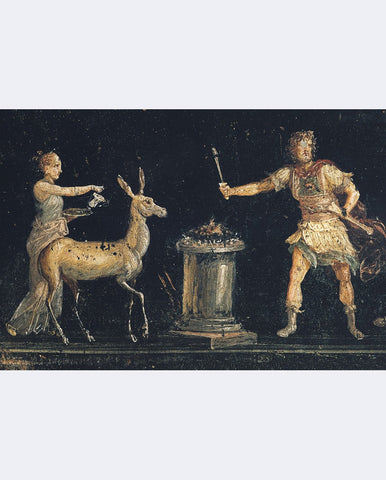 SACRIFICE IN POMPEII” ITALIAN SPECIMEN WOOD MARQUETRY, MICRO MOSAIC AND PAINTED PANEL