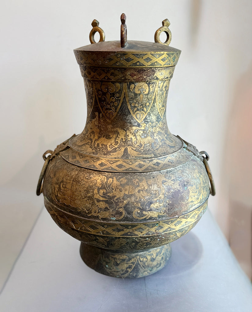 CHINESE ARCHAISTIC GOLD INLAYED BRONZE HU CHINESE ARCHAISTIC GOLD INLAYED BRONZE HU