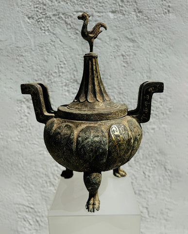 CHINESE ARCHAISTIC BRONZE AND SILVER INLAYED CENSOR