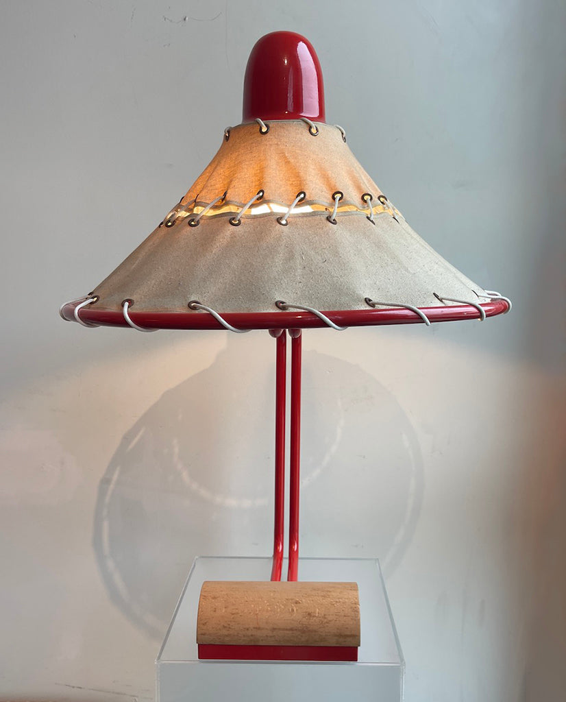 INGRID OF SWEDEN RED ALUMINUM, CANVAS, ROPE AND BEECHWOOD LAMP INGRID OF SWEDEN RED ALUMINUM, CANVAS, ROPE AND BEECHWOOD LAMP