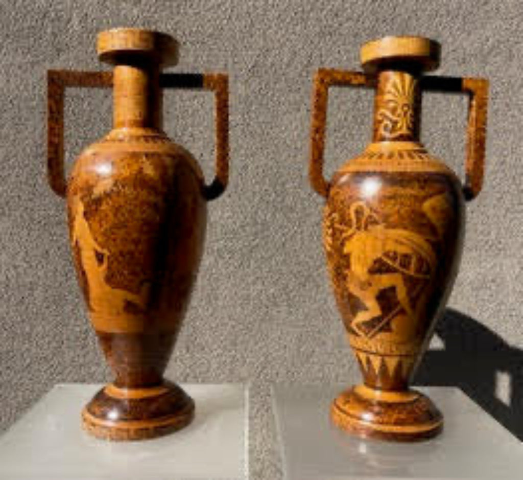 PAIR FAUX TORTOISE NEOCLASSIC  REVIVAL HARDWOOD PYROGRAPHY URNS PAIR FAUX TORTOISE NEOCLASSIC  REVIVAL HARDWOOD PYROGRAPHY URNS