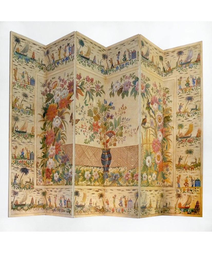 FRENCH CHINOSAIRE POLYCHROME  PAINTED SIX PANEL PAPER SCREEN FRENCH CHINOSAIRE POLYCHROME  PAINTED SIX PANEL PAPER SCREEN