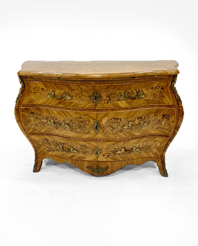 SWEDISH ROCOCO BIRCHWOOD AND BIRCHWOOD BURL COMMODE