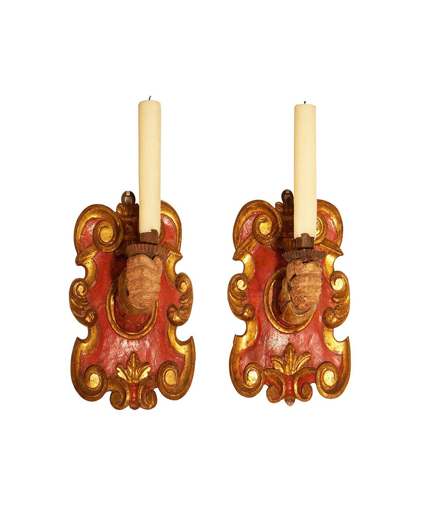 PAIR ITALIAN BAROQUE PAINTED AND PARCEL GILT APPLIQUES PAIR ITALIAN BAROQUE PAINTED AND PARCEL GILT APPLIQUES