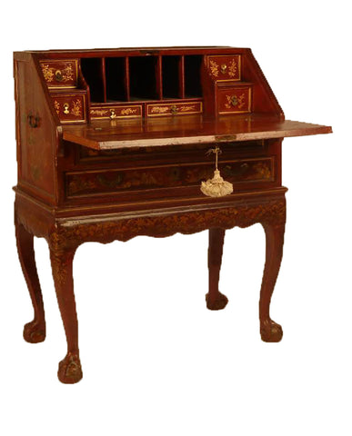 CHINESE EXPORT RED LACQUER AND DECORATED FALL-FRONT BUREAU ON STAND