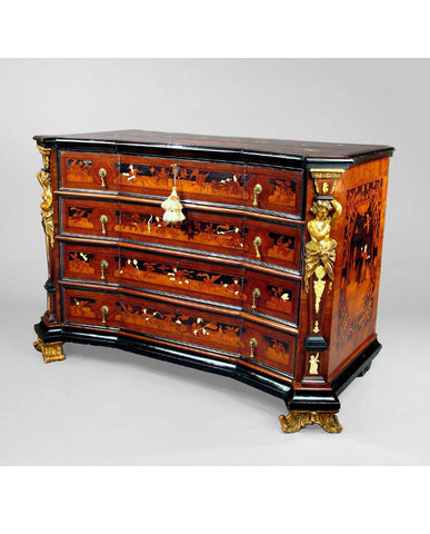 VENETIAN BAROQUE WALNUT MARQUETRY INLAID COMMODE