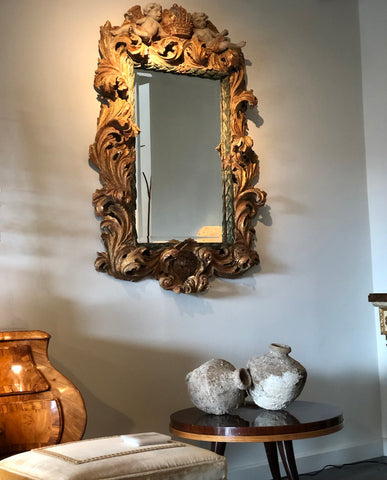 AUSTRIAN BAROQUE PAINTED AND PARCEL GILT MIRROR