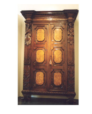ITALIAN BAROQUE WALNUT AND OLIVE WOOD ARMOIRE