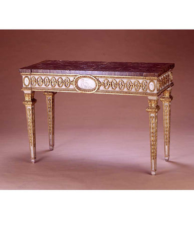 ITALIAN NEOCLASSIC PORCELAIN MOUNTED WHITE PAINTED AND PARCEL GILT CONSOLE