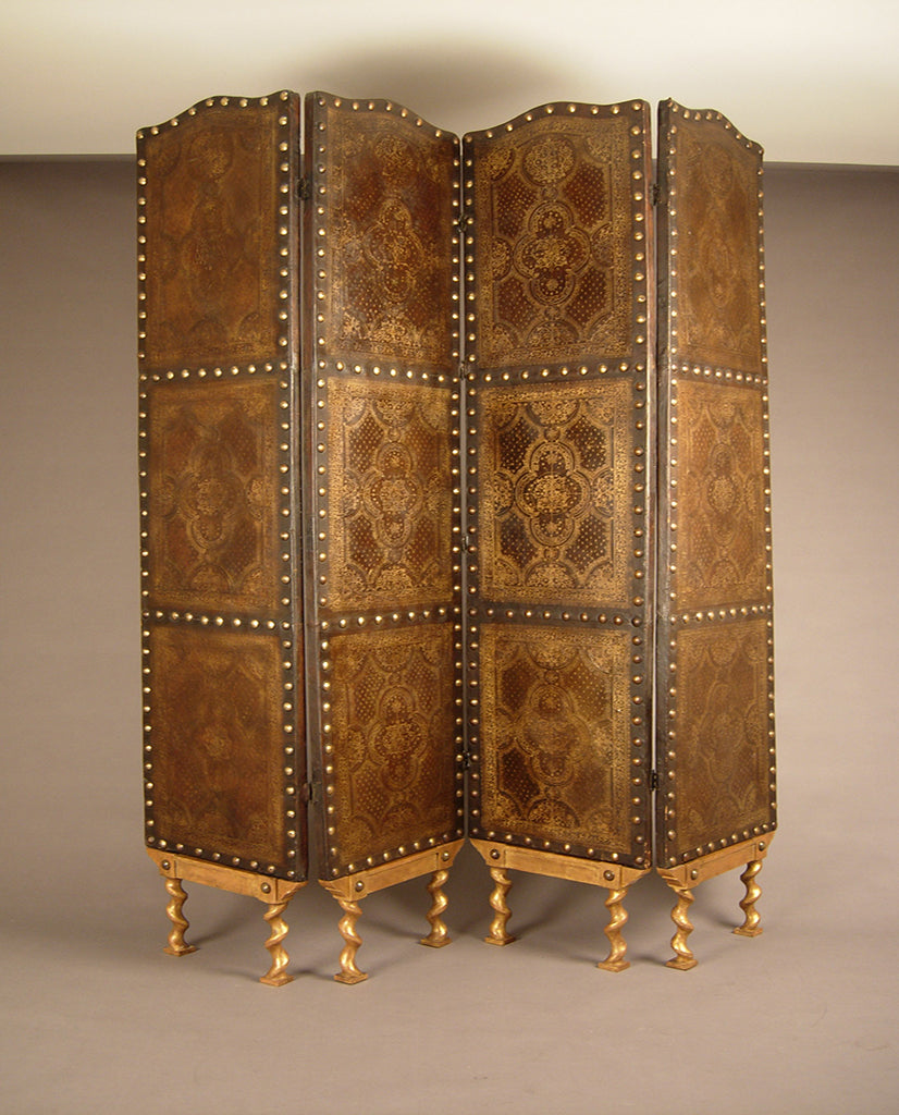 PORTUGUESE BAROQUE FOUR-PANEL PARCEL-GILT TOOLED LEATHER SCREEN PORTUGUESE BAROQUE FOUR-PANEL PARCEL-GILT TOOLED LEATHER SCREEN