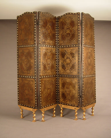 PORTUGUESE BAROQUE FOUR-PANEL PARCEL-GILT TOOLED LEATHER SCREEN