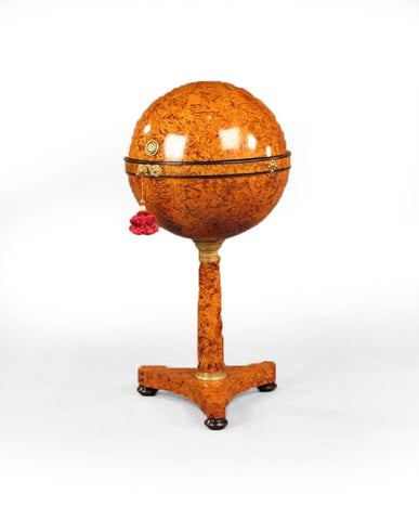 AUSTRIAN BIEDERMEIER BURLWOOD AND PART EBONIZED GLOBE WORK TABLE