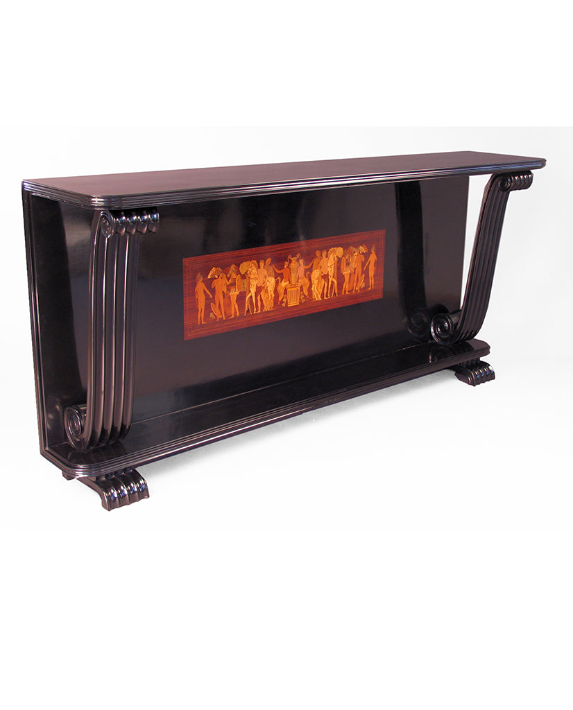 FRENCH ART DECO EBONIZED  AND MARQUETRY INLAID CONSOLE FRENCH ART DECO EBONIZED  AND MARQUETRY INLAID CONSOLE