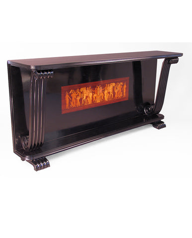 FRENCH ART DECO EBONIZED  AND MARQUETRY INLAID CONSOLE