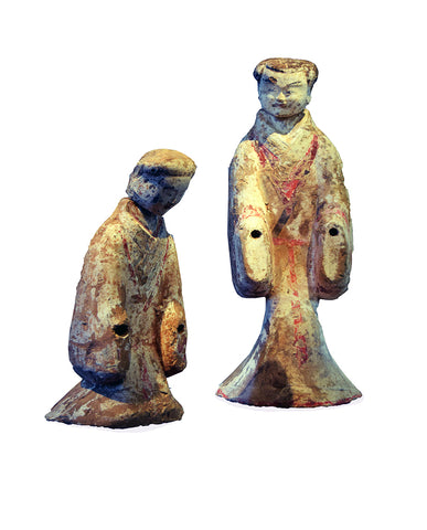 PAIR WESTERN HAN EARTHENWARE PAINTED  COURT FIGURES