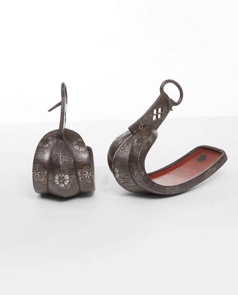PAIR JAPANESE IRON,  LACQUER AND SILVER INLAID ABUMI PAIR JAPANESE IRON,  LACQUER AND SILVER INLAID ABUMI
