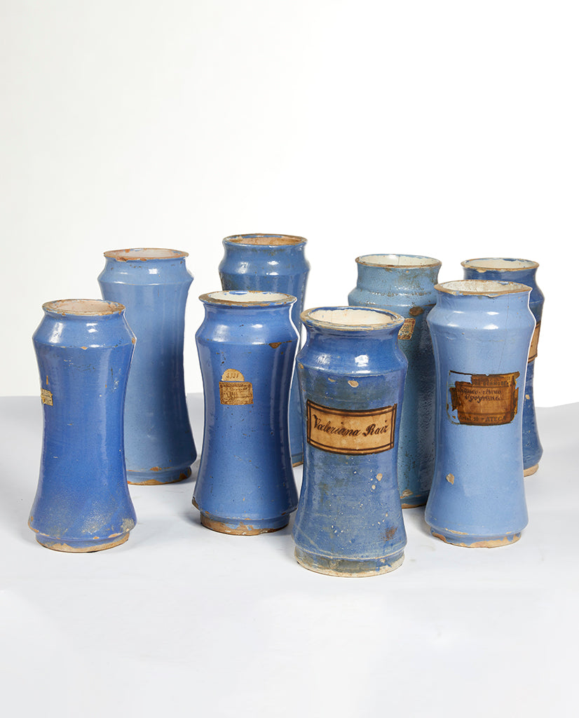 SET/8 PORTUGUESE BLUE GLAZED FAIENCE ALBARELLO SET/8 PORTUGUESE BLUE GLAZED FAIENCE ALBARELLO
