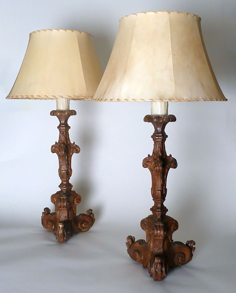 PAIR SPANISH BAROQUE  CHESTNUT CANDLESTICKS PAIR SPANISH BAROQUE  CHESTNUT CANDLESTICKS