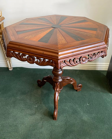 CEYLONESE MAHOGANY AND SPECIMEN  WOOD OCTAGONAL CENTER TABLE