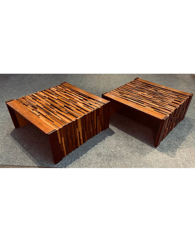 TWO PERCIVAL LAFER BRUTALIST MAHOGANY COCKTAIL TABLES