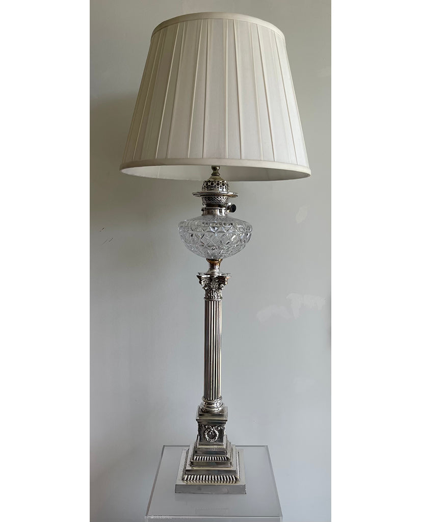 SAMUAL S. MESSENGER & SONS SILVER PLATE AND CUT CRYSTAL OIL LAMP SAMUAL S. MESSENGER & SONS SILVER PLATE AND CUT CRYSTAL OIL LAMP