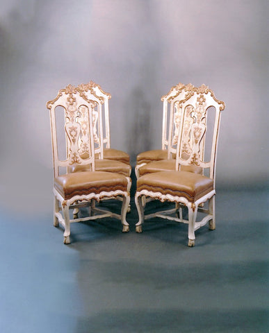 SET OF SIX SPANISH  ROCOCO  PAINTED AND PARCEL GILT SIDE CHAIRS