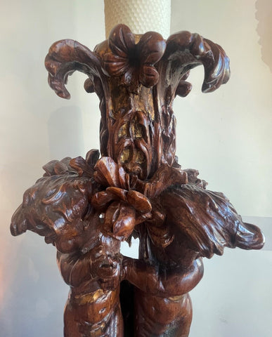 ITALIAN LATE BAROQUE CARVED WOOD  AND PARCEL GILT "CANDELABRO"