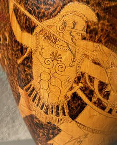 PAIR FAUX TORTOISE NEOCLASSIC  REVIVAL HARDWOOD PYROGRAPHY URNS