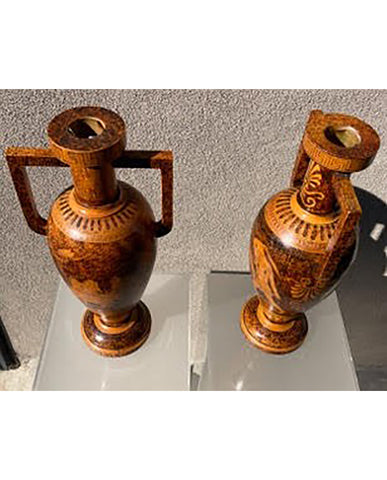 PAIR FAUX TORTOISE NEOCLASSIC  REVIVAL HARDWOOD PYROGRAPHY URNS