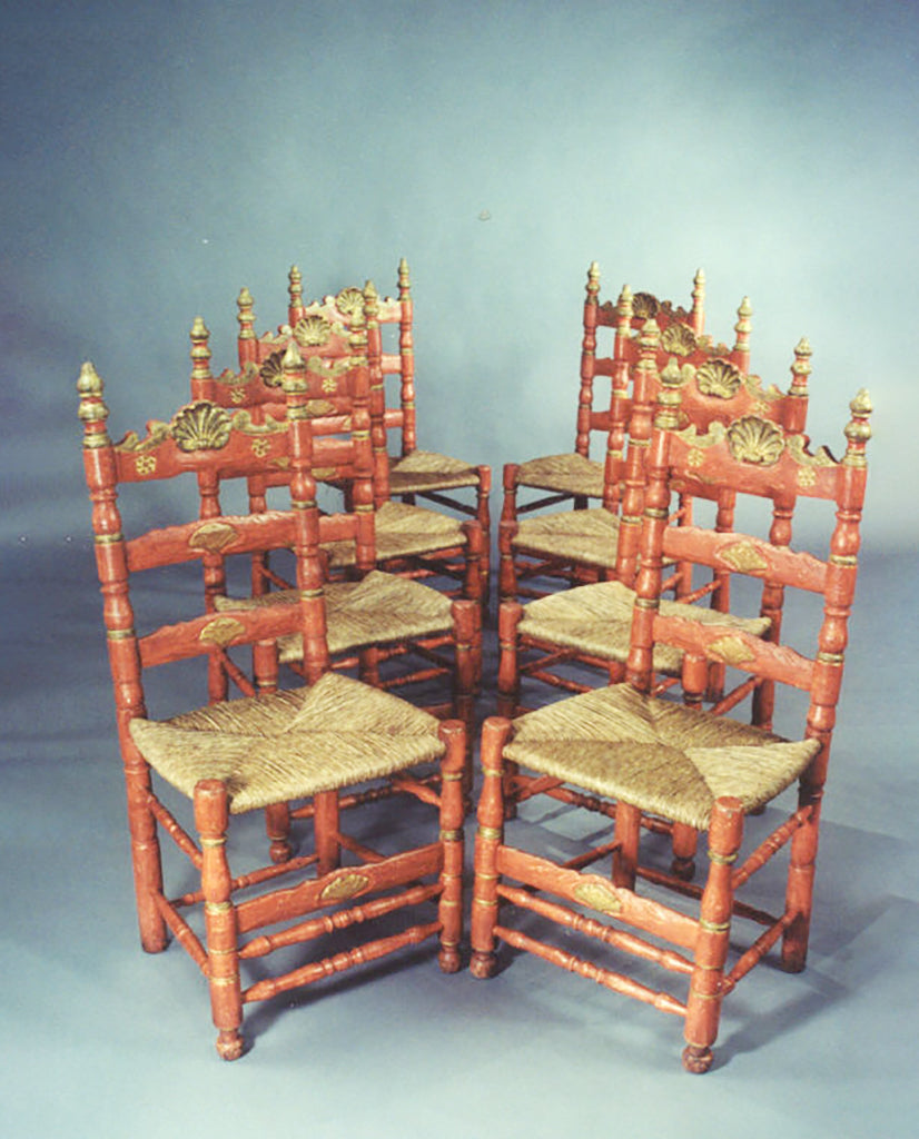 SET of EIGHT IBERIAN BAROQUE  RED PAINTED LADDERBACK CHAIRS