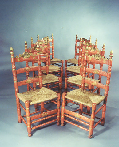 SET of EIGHT IBERIAN BAROQUE  RED PAINTED LADDERBACK CHAIRS