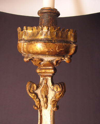 PAIR ITALIAN BAROQUE PAINTED AND PARCEL GILT CANDLESTICKS