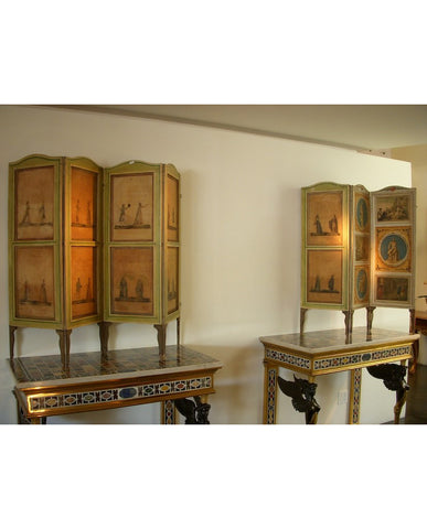 PAIR ITALIAN NEOCLASSIC PAINTED AND LACCA POVERA SCREENS