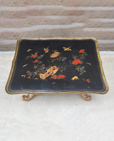 LOUIS XV BLACK LACQUER AND GILT BRONZE TRAY ON GILTWOOD PLOYANT STAND