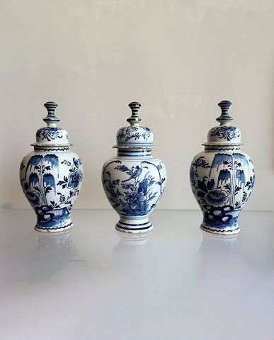 S/3 SIMILAR DELFT STONEWARE BLUE & WHITE VASES