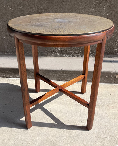 JULES HEUMANN AND G. URSO  ACID ETCHED BRONZE AND MAHOGANY TABLE