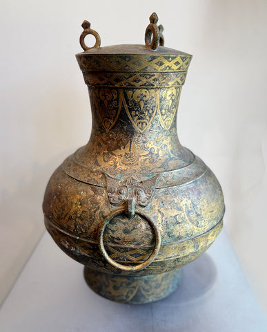 CHINESE ARCHAISTIC GOLD INLAYED BRONZE HU