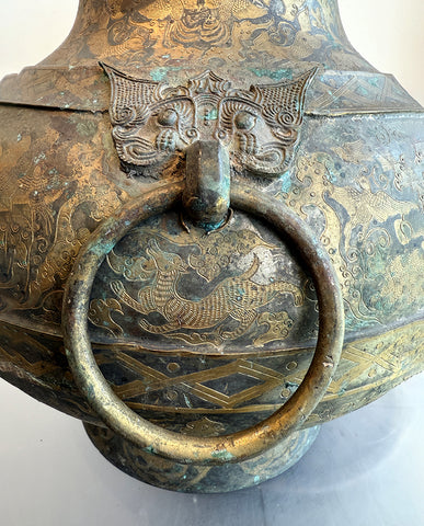 CHINESE ARCHAISTIC GOLD INLAYED BRONZE HU