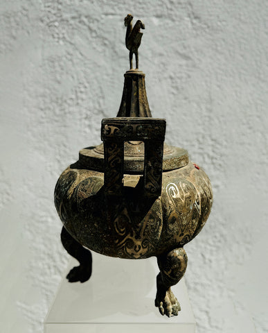 CHINESE ARCHAISTIC BRONZE AND SILVER INLAYED CENSOR