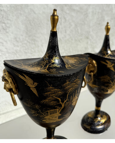 REGENCY JAPANNED TOLE CHESTNUT URNS