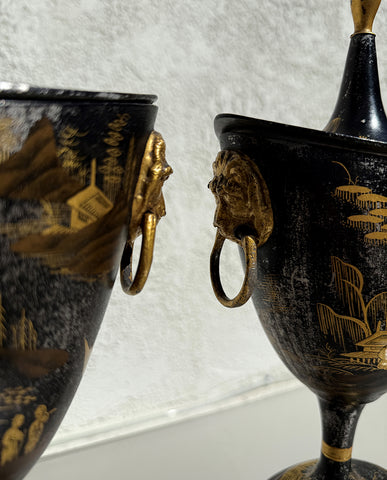 REGENCY JAPANNED TOLE CHESTNUT URNS