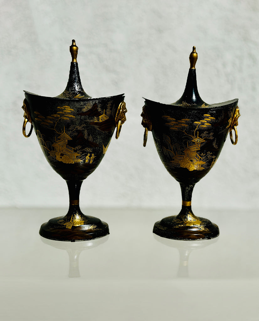 REGENCY JAPANNED TOLE CHESTNUT URNS