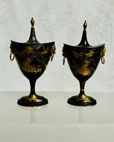 REGENCY JAPANNED TOLE CHESTNUT URNS