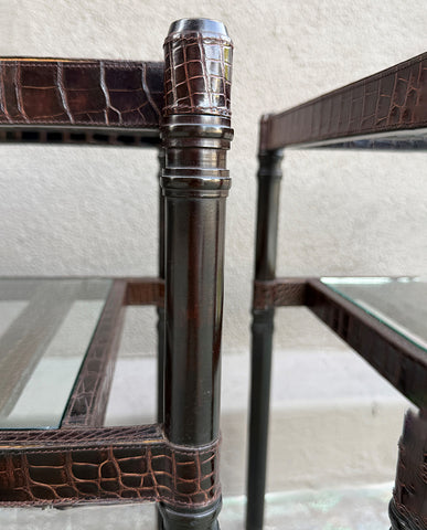 PAIR CONTEMPORARY ALLIGATOR  AND GLASS SIDE TABLES