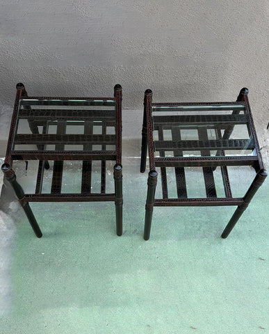 PAIR CONTEMPORARY ALLIGATOR  AND GLASS SIDE TABLES