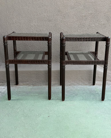 PAIR CONTEMPORARY ALLIGATOR  AND GLASS SIDE TABLES