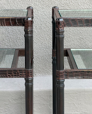 PAIR CONTEMPORARY ALLIGATOR  AND GLASS SIDE TABLES